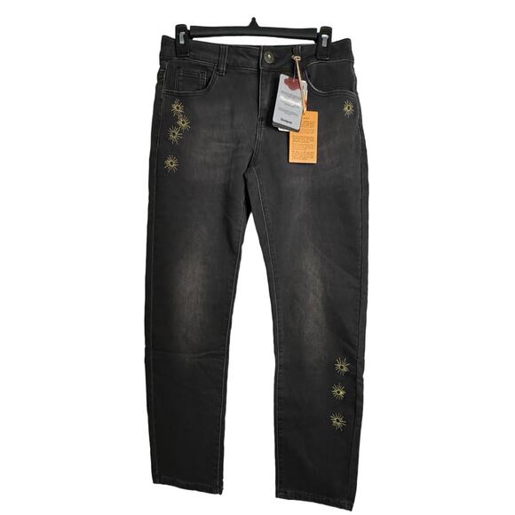 DESIGUAL EXOTIC JEANS NWT $145 Barcelon Black Washed Jeans Gold Sunbursts - Picture 1 of 7